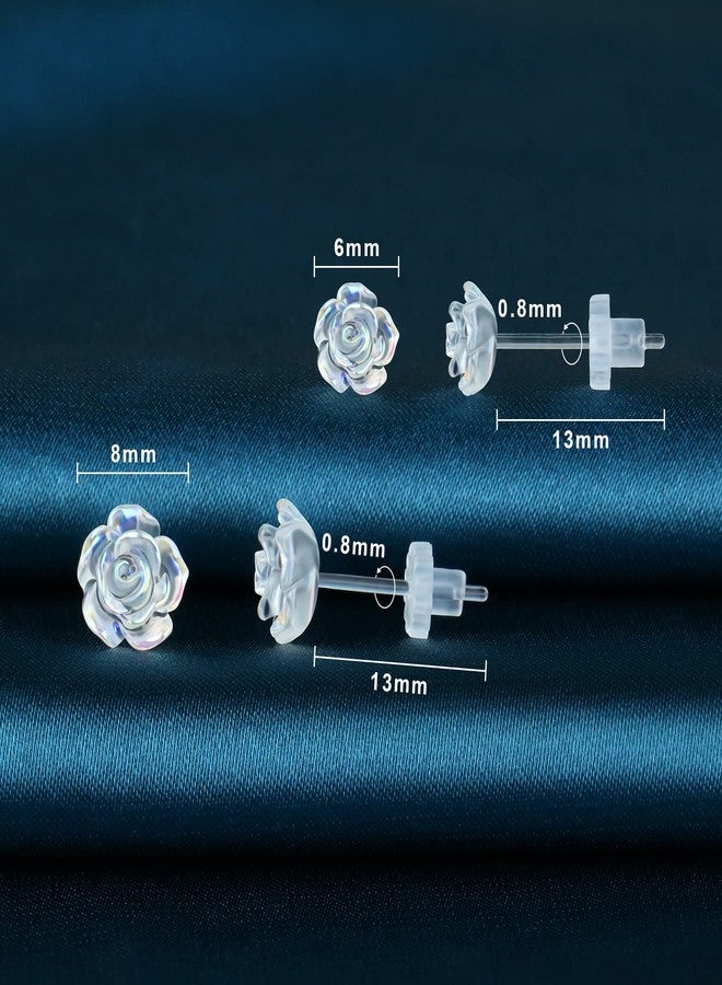 KMEOSCH Plastic Post Earrings for Sensitive Ears, KMEOSCH 2 Pairs (6mm & 8mm) Clear 3D Rose Non-metal Fully Plastic Stud Earrings for Women - Unique, Elegant Comfortable, Chic, Light - Image 3